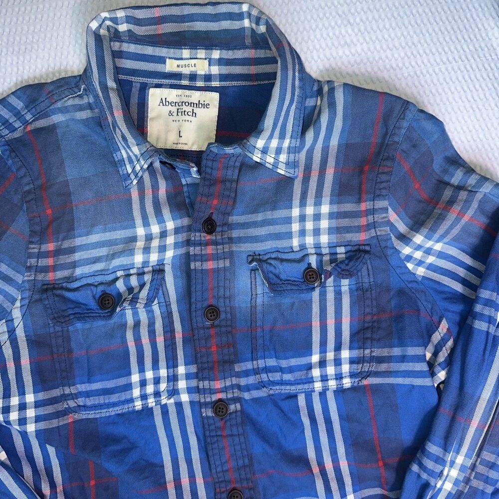 Abercrombie Fitch Muscle Button Down Shirt Mens Large Plaid Blue Long Sleeve